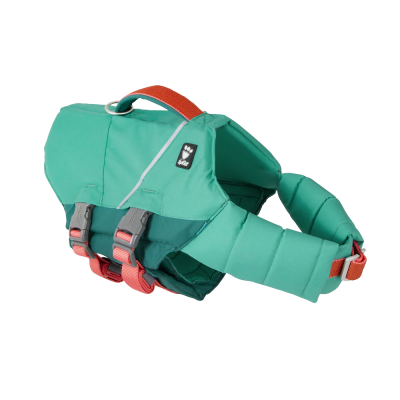 Colete salva-vidas verde para cão com tiras vermelhas e fechos cinza