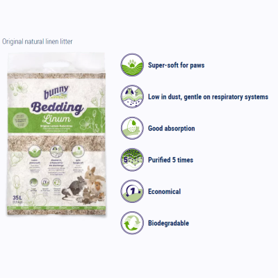 Saco de cama para animais Bunny Bedding Linum 35L com texto e ícones explicativos.