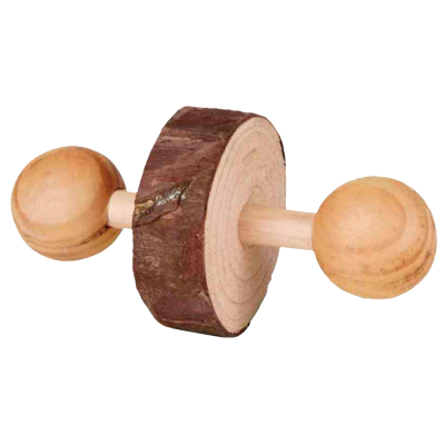 Brinquedo de madeira com cilindro de tronco natural e bolas nas extremidades