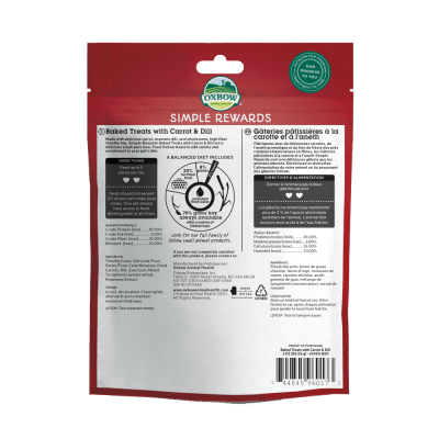 Embalagem de guloseimas para animais Oxbow Simple Rewards com textos em inglês e francês, fundo vermelho e branco.