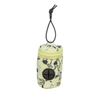 Doseador de bolsa para sacos de dejetos de cães amarelo com padrão de cães pretos e cordão preto