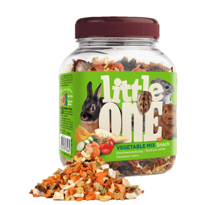 Mistura de legumes secos para roedores em frasco com rótulo verde e tampa castanha