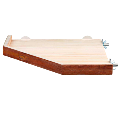 Prateleira de madeira clara com bordas em madeira escura e fixação metálica