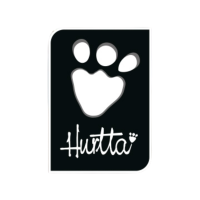 Etiqueta preta com desenho de pegada e texto Hurtta em branco