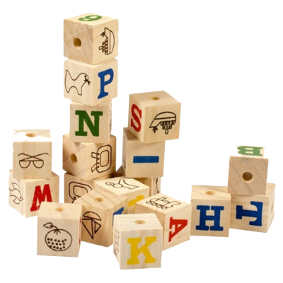 Blocos de madeira coloridos com letras e imagens para crianças