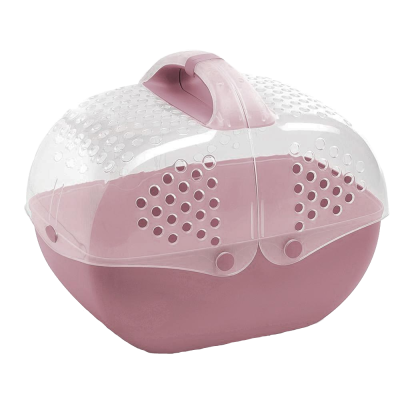 Caixa transportadora de plástico rosa com tampa transparente e pega