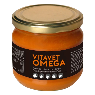 Frasco de vidro com tampa metálica dourada e rótulo preto com texto laranja VITAVET OMEGA