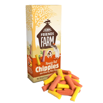 Embalagem de petisco para pequenos roedores com petiscos amarelos e vermelhos