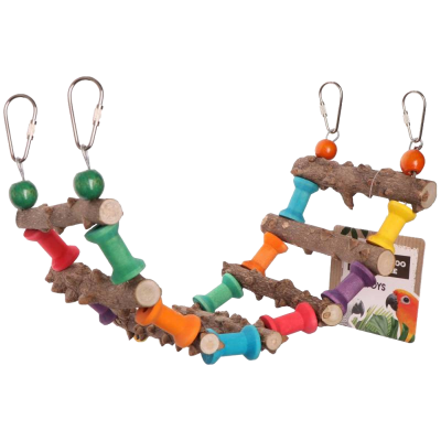 Brinquedo colorido de madeira e paus naturais para pássaros com ganchos para pendurar