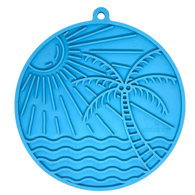 Tapete redondo azul com desenho de sol, palmeira e ondas do mar em relevo