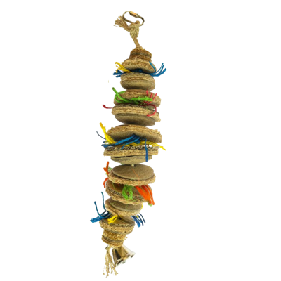 brinquedo para pássaros com coco, fios coloridos e sino