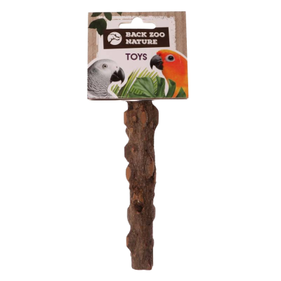 Brinquedo de madeira para aves com embalagem ilustrada com papagaios