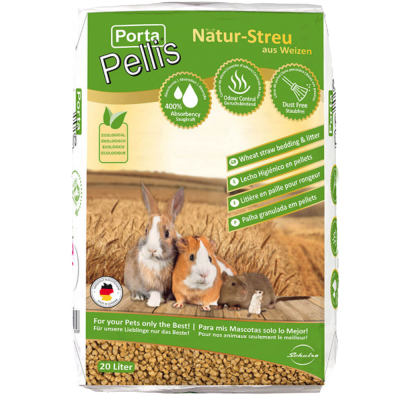Saco de cama e ração para pequenos animais Porta Pellis Natur-Streu de 20 litros com coelho, porquinho-da-índia e hamster no campo