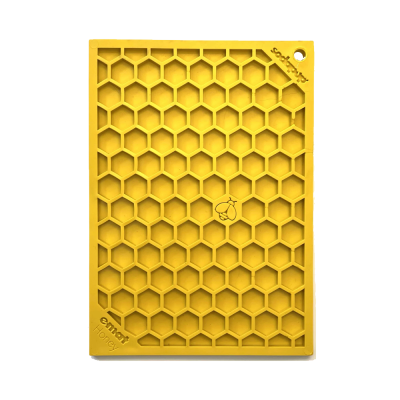 Tapete amarelo de silicone com padrão de colmeia hexagonal e texto