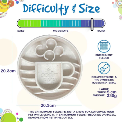 Alimentador enriquecedor redondo branco para animais com rampas interiores, 20,3 cm de diâmetro, feito de polipropileno e TPE.