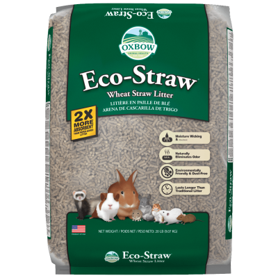 Saco de palha de trigo Eco-Straw para pequenos animais, embalagem verde com texto e fotos de animais.