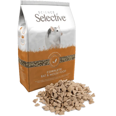 Pacote de ração completa para ratos e ratinhos com pellets ao lado