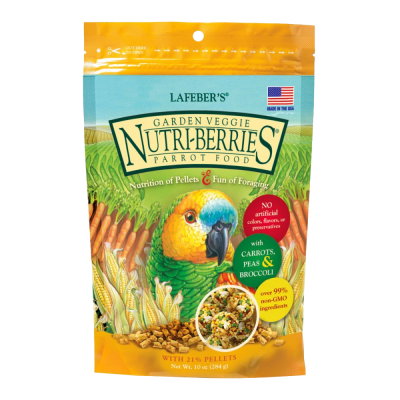 Pacote de comida Nutri-Berries para papagaios com ilustração de papagaio e legumes