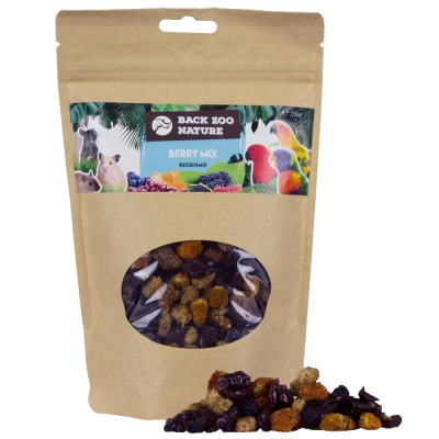 Embalagem de snack para animais com frutos secos visíveis por janela transparente