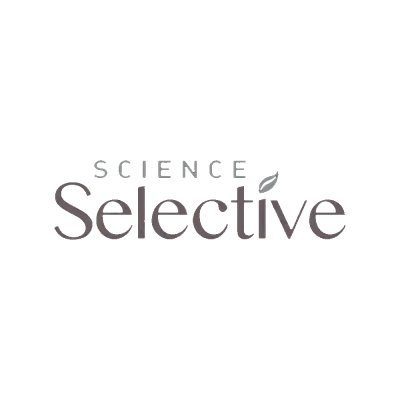 Logótipo SCIENCE Selective em letras cinzentas com fundo preto