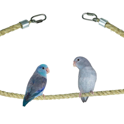 Dois pássaros em corda de fibra natural com ganchos metálicos nas extremidades