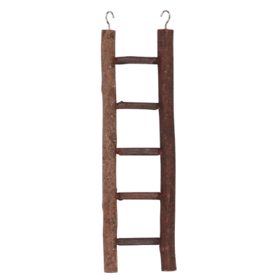 Escada decorativa rústica em madeira castanho escuro com cinco degraus e ganchos metálicos