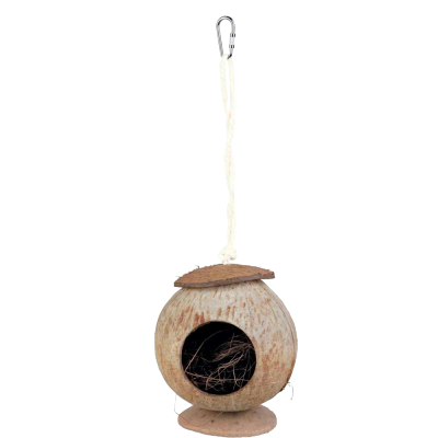 Casa de pássaros redonda em fibra natural com tampa de madeira e corda para pendurar