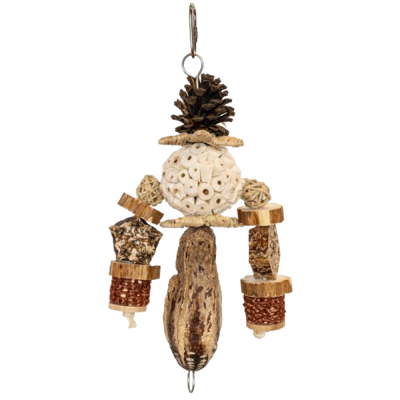 Pendente decorativo de madeira natural com pinha e fibras para suspensão