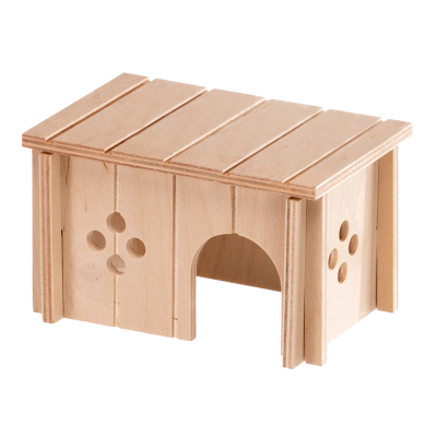Casa de madeira para pequenos animais com aberturas em forma de patas