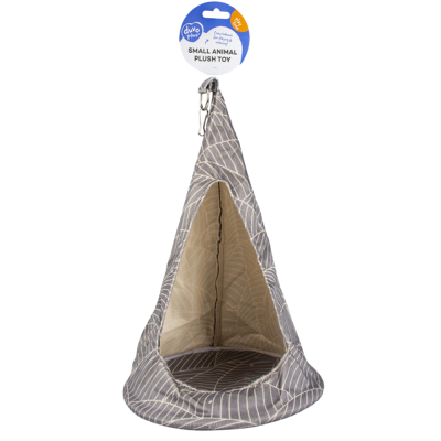 Brinquedo em peluche para animais pequenos em forma de tenda cinzenta com padrão de folhas brancas