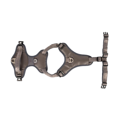 Arnês cinza para cão com correias ajustáveis e argolas metálicas