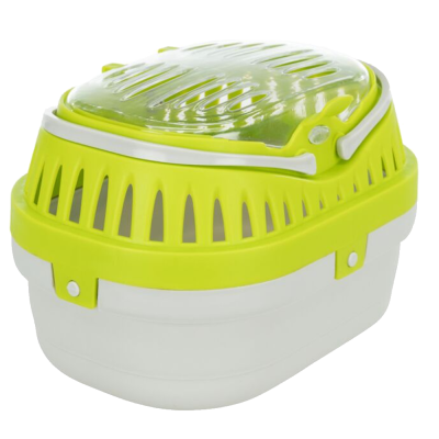 Transportadora plástica para animais com base branca e tampa verde com aberturas