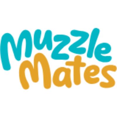 Logotipo com texto MUZZLE mates em azul claro e amarelo