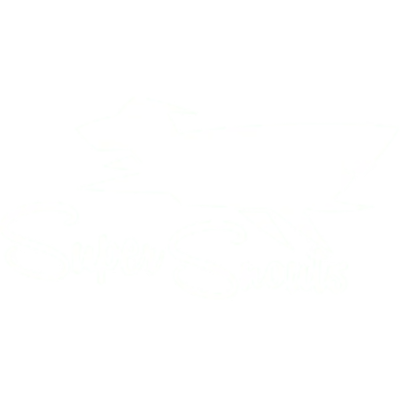 Logotipo branco de cão com texto Super Snouts em fundo preto