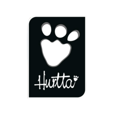 Etiqueta preta com desenho de pegada e texto Hurtta em branco