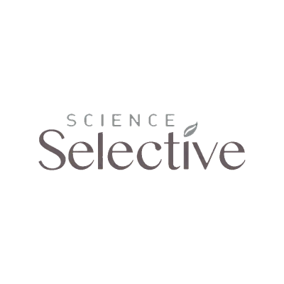 Logótipo SCIENCE Selective em letras cinzentas com fundo preto