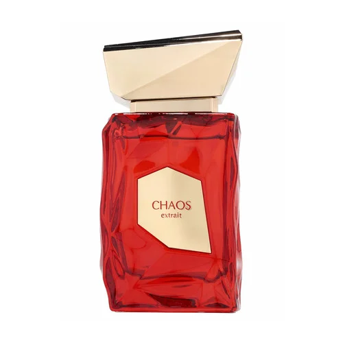 Fragrance World French Avenue Chaos Frasco de perfume vermelho com tampa dourada e etiqueta dizendo CHAOS extrait
