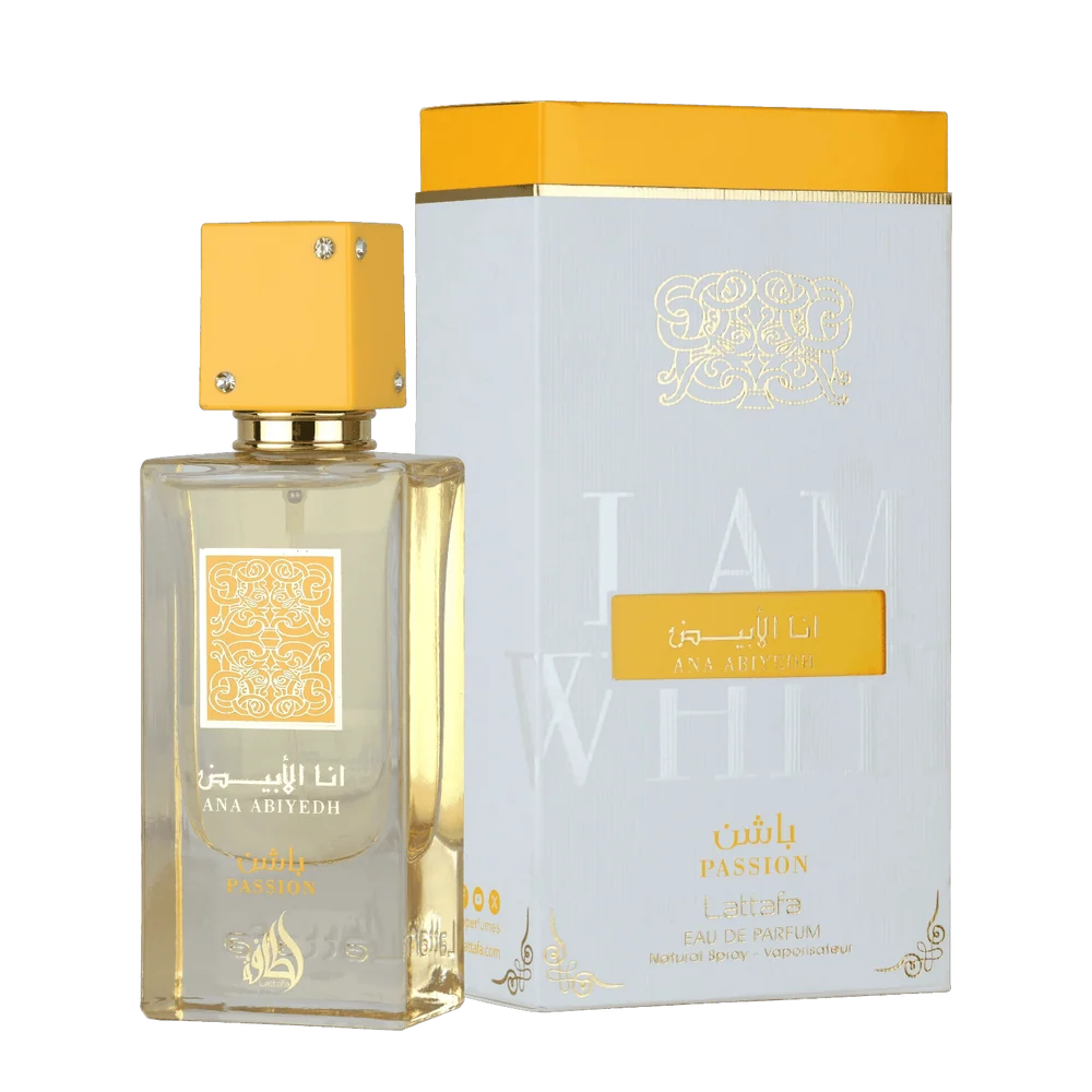 Lattafa Ana Abiyedh Passion 60ml EDP Frasco de perfume Lattafa ANA ABIYEDH PASSION com caixa branca e amarela