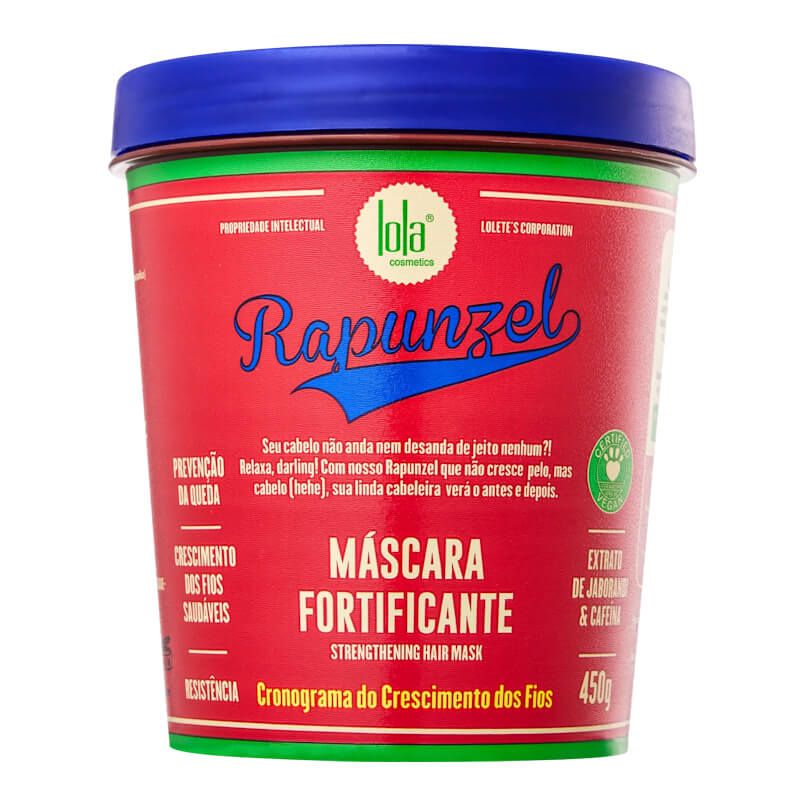 Lola Rapunzel Máscara Fortificante 450g Máscara fortificante Lola Cosmetics em embalagem vermelha com tampa azul