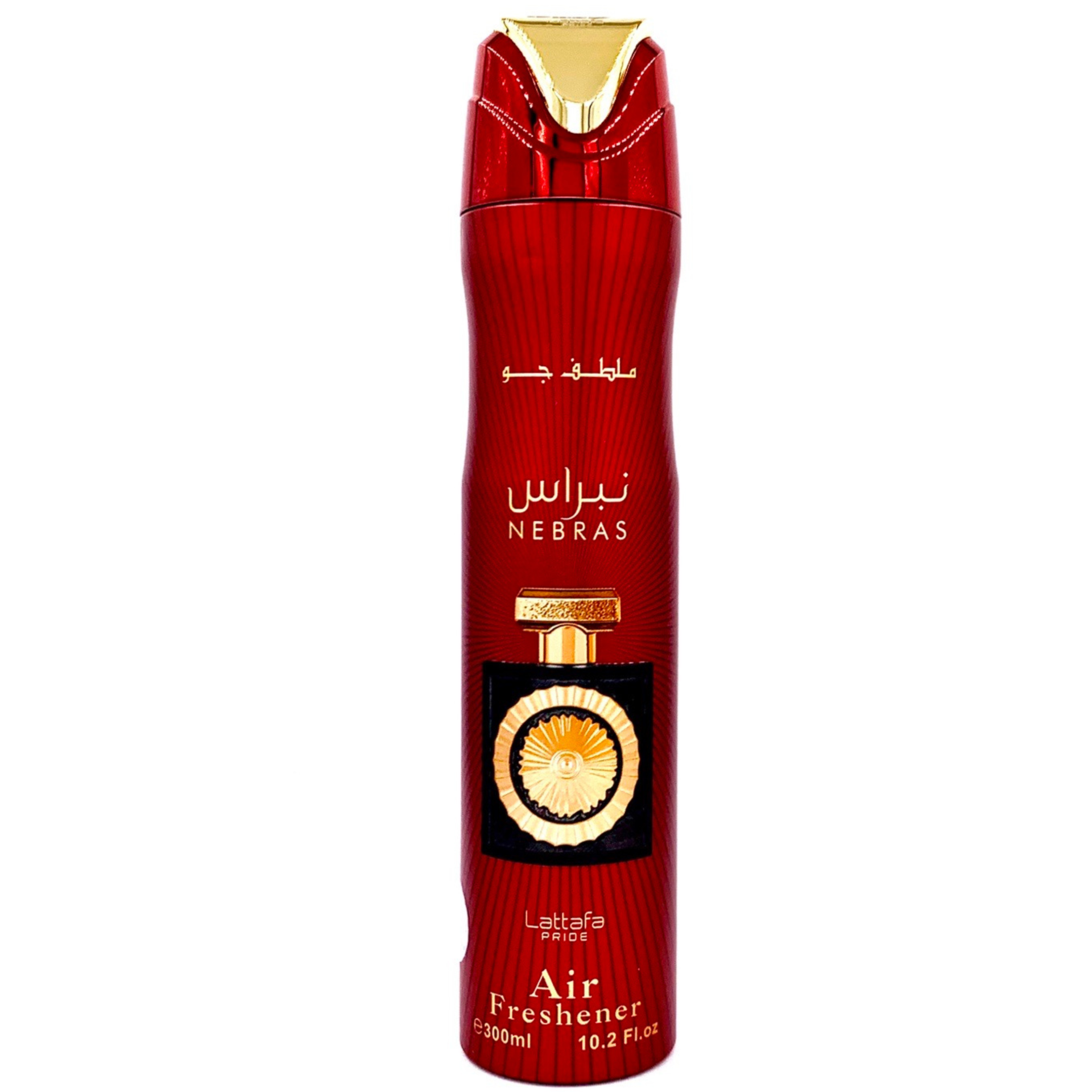 Lattafa Nebras Air Freshener 300 ml Spray ambientador vermelho com tampa dourada e texto NEBRAS e Lattafa Pride