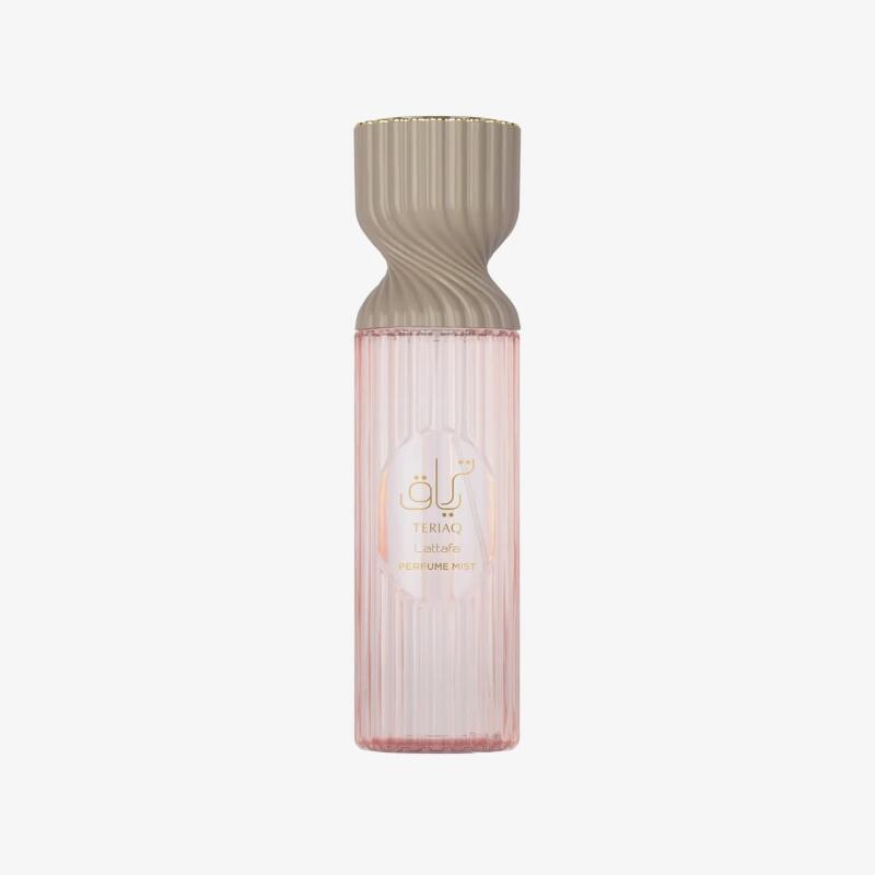 Lattafa Teriaq Women Body Mist 250ml Frasco rosa translúcido de perfume TERIAQ Lattafa com tampa cinza texturada