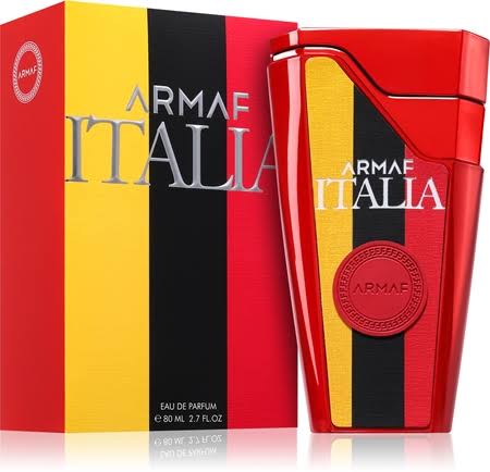 Armaf Eternia Italia Eau De Parfum Spray 80ml Frasco e caixa de perfume Armaf Italia com design colorido em vermelho, amarelo e preto.