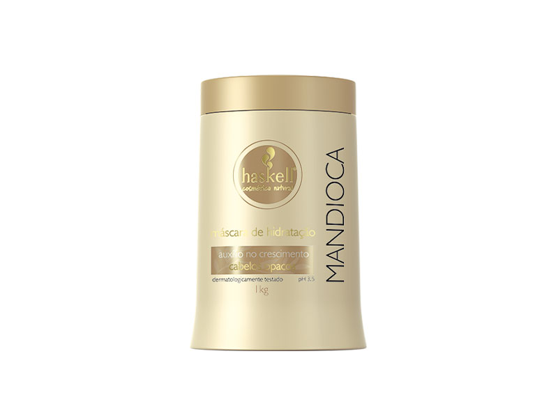 Haskell Mandioca Máscara 1kg Embalagem de máscara capilar Haskell Mandioca cor creme e dourada
