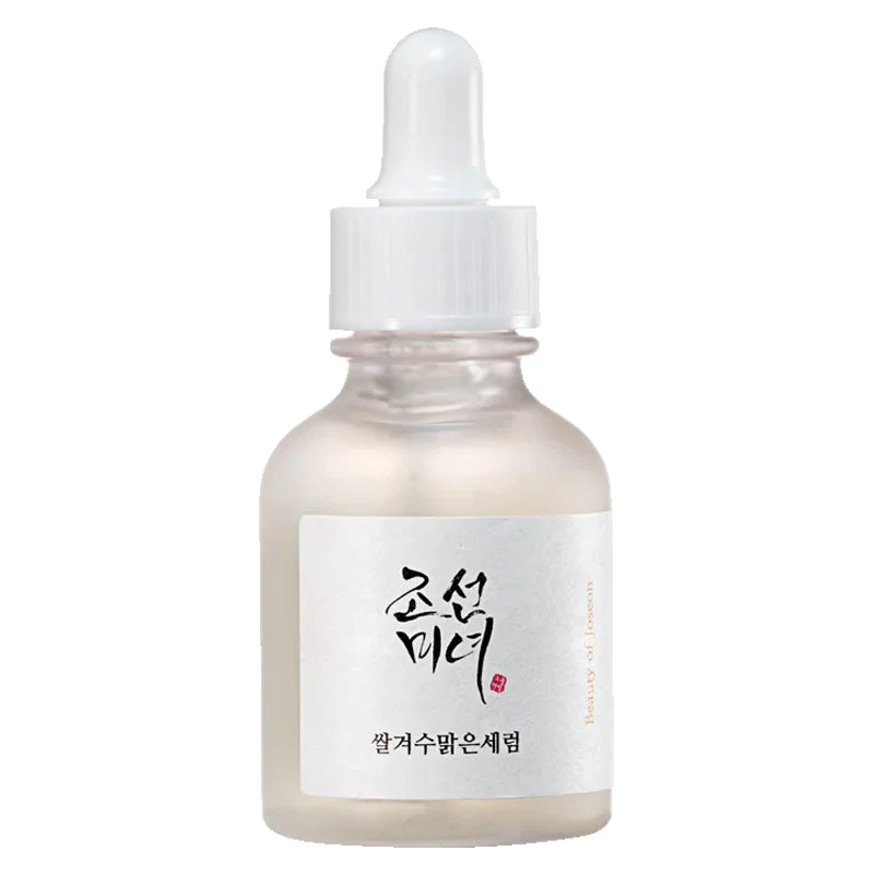 Beauty of Joseon Glow Deep Serum Rice + Alpha Arbutin Sérum Facial Frasco pequeno de vidro com conta-gotas branco e rótulo com texto em coreano