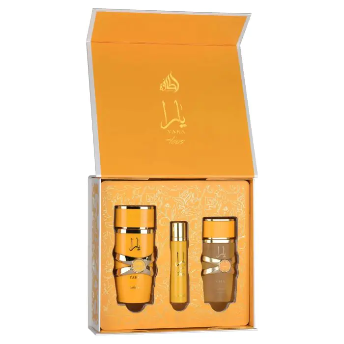 LATTAFA Yara Tous Eau De Parfum Set Conjunto de frascos laranja e dourado em caixa laranja aberta