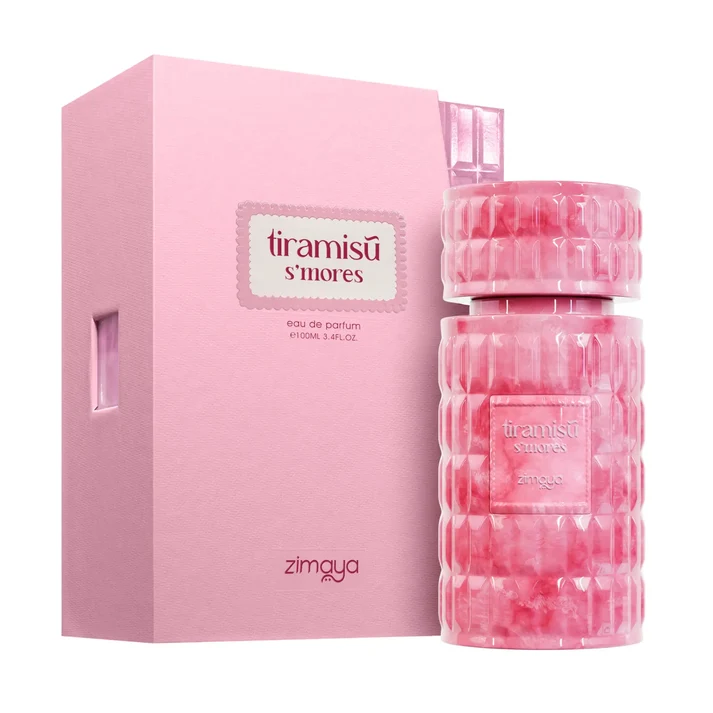 Zimaya Tiramisu S'Mores Eau De Parfum 100 Ml Frasco e caixa de perfume rosa com texto tiramisú smores