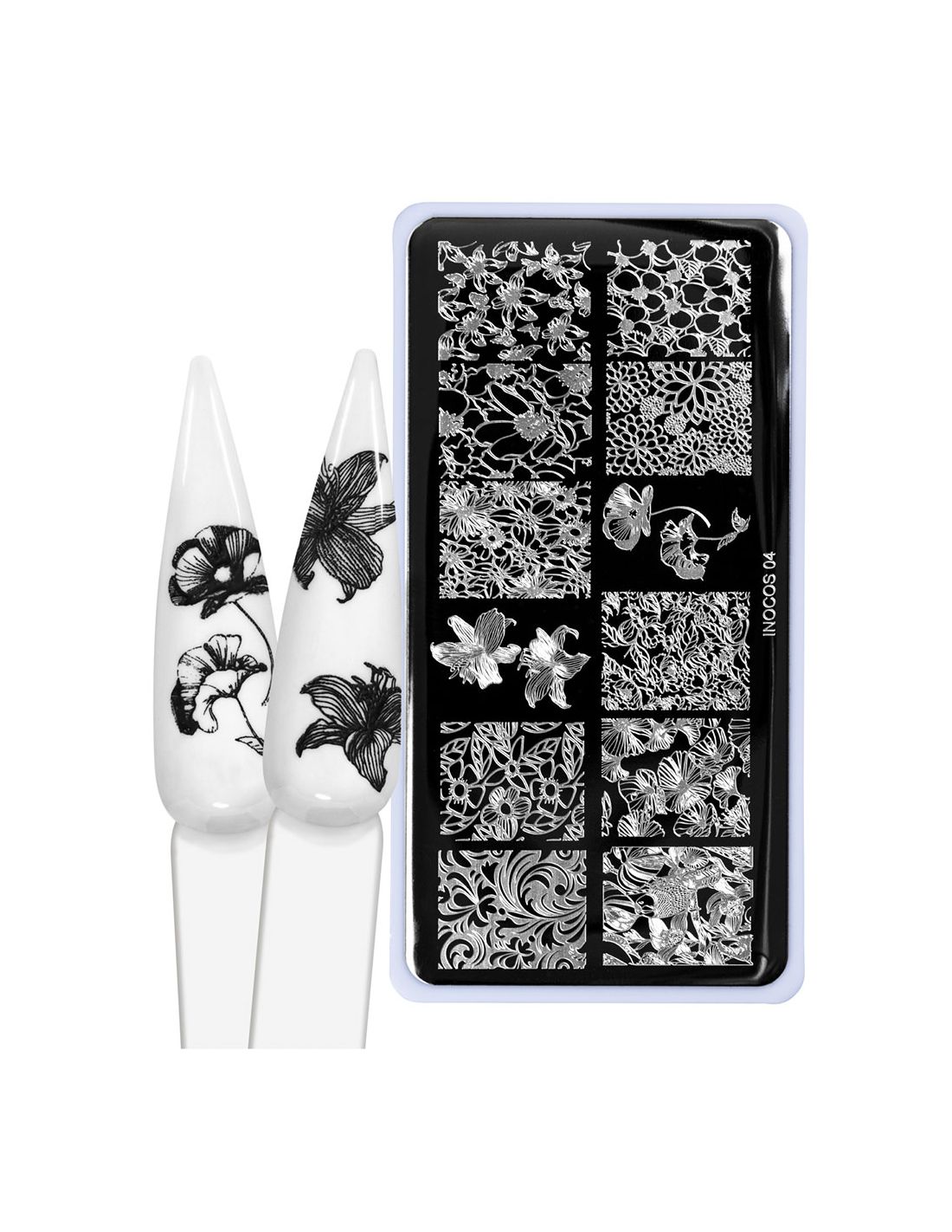 INOCOS Placa de Carimbos 04 Exótico Placa de carimbos para unhas com padrões florais em preto e branco e unhas artificiais decoradas.