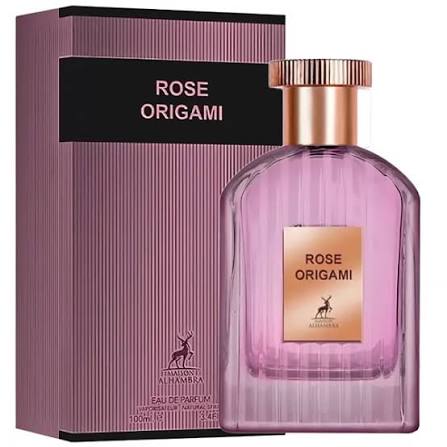 Maison Alhambra Rose Origami 100ml EDP Frasco e caixa de perfume Rose Origami rosa com rótulos dourados e padrão de riscas