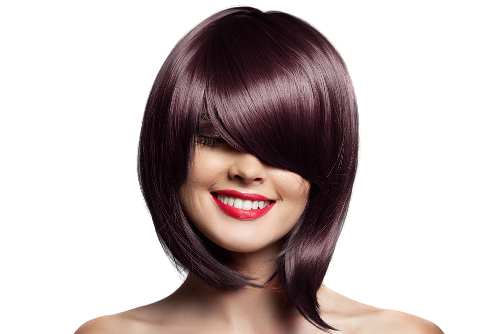 Kaycolor - Coloração 4.22 Castanho Violeta Powered 100ml Mulher com peruca castanha avermelhada e franja longa