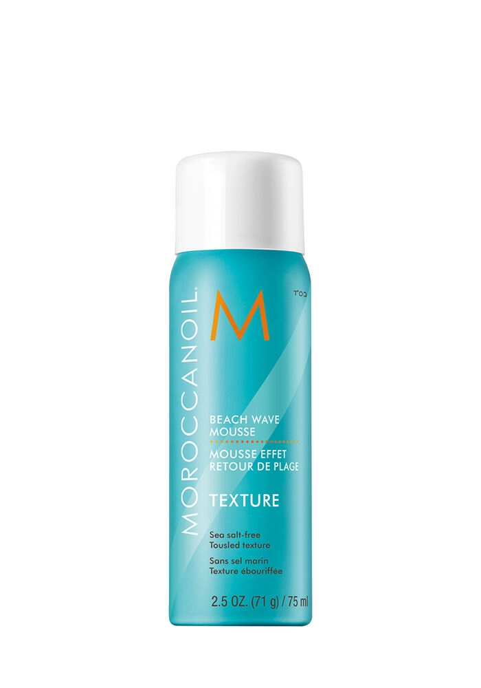 Moroccanoil Beach Wave Mousse 75ml Frasco azul turquesa de mousse Moroccanoil Beach Wave com tampa branca